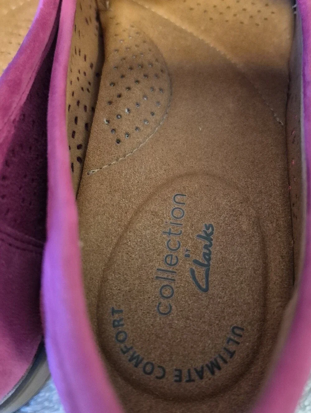 Clarks Magenta Suede Laser-Cut Loafers